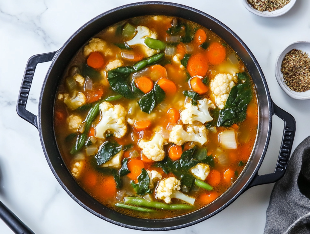 keto-vegetable-soup-with-choppped-carrots-cauliflower-and-beans-in-a-crockpot