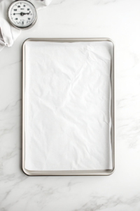 This image shows a baking tray neatly lined with parchment paper.