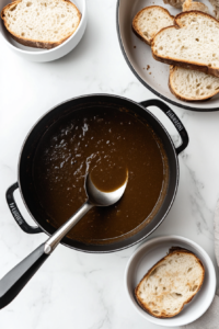 This image shows a ladle pouring soup into a bowl, topped with a slice of chaffle or low-carb bread for a satisfying finish.