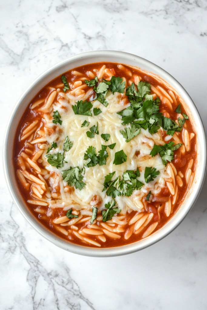 This image shows slow cooker enchilada orzo served in a white bowl, topped with shredded, melted cheese for a comforting touch.