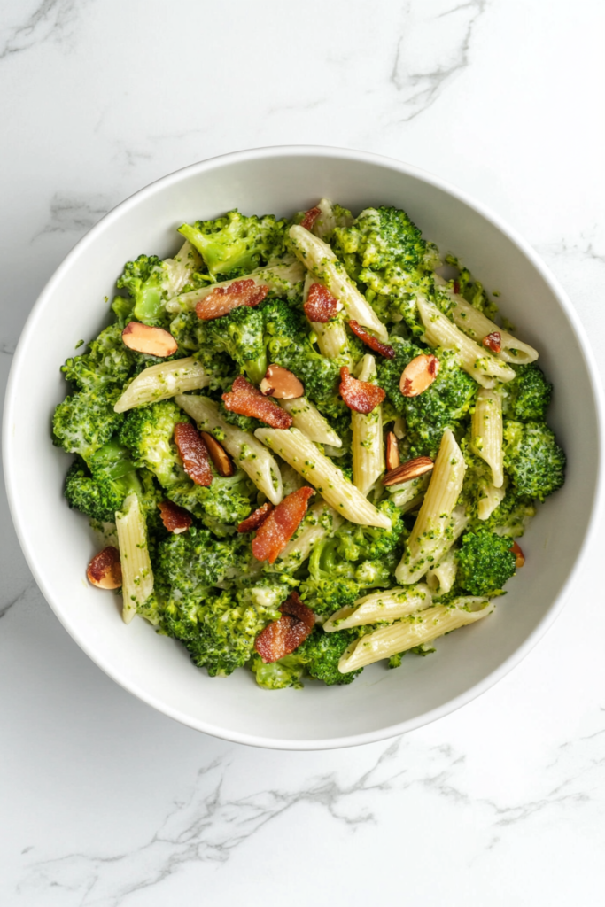 This image shows vegan broccoli pasta served in a white bowl, featuring almond bacon pieces and fresh broccoli.