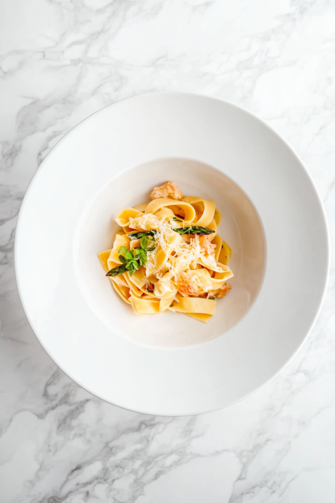 This image shows white wine pasta with asparagus served on a white round plate, garnished with shredded cheese and a basil leaf.