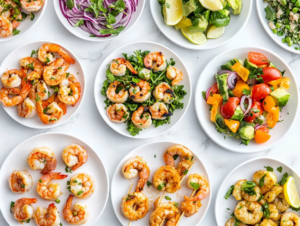 This image shows a vibrant assortment of 15 low-carb shrimp dinners arranged on a white marble slab. The display includes dishes like baked shrimp and broccoli, garlic grilled shrimp, shrimp fajitas, and more, each garnished with fresh herbs, colorful vegetables, and spices, showcasing healthy and flavorful meal options.