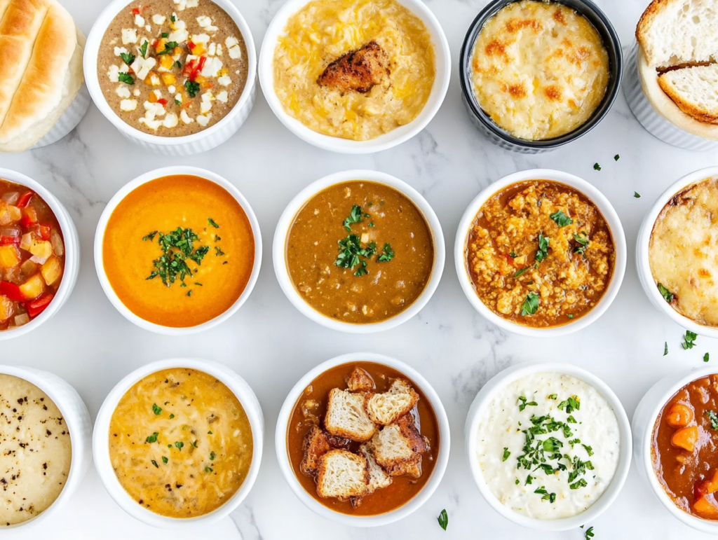 This image shows An assortment of cozy crockpot recipes for fall, including New Orleans red beans and rice, sweet potato casserole, quinoa chili, and more, perfect for chilly autumn evenings.