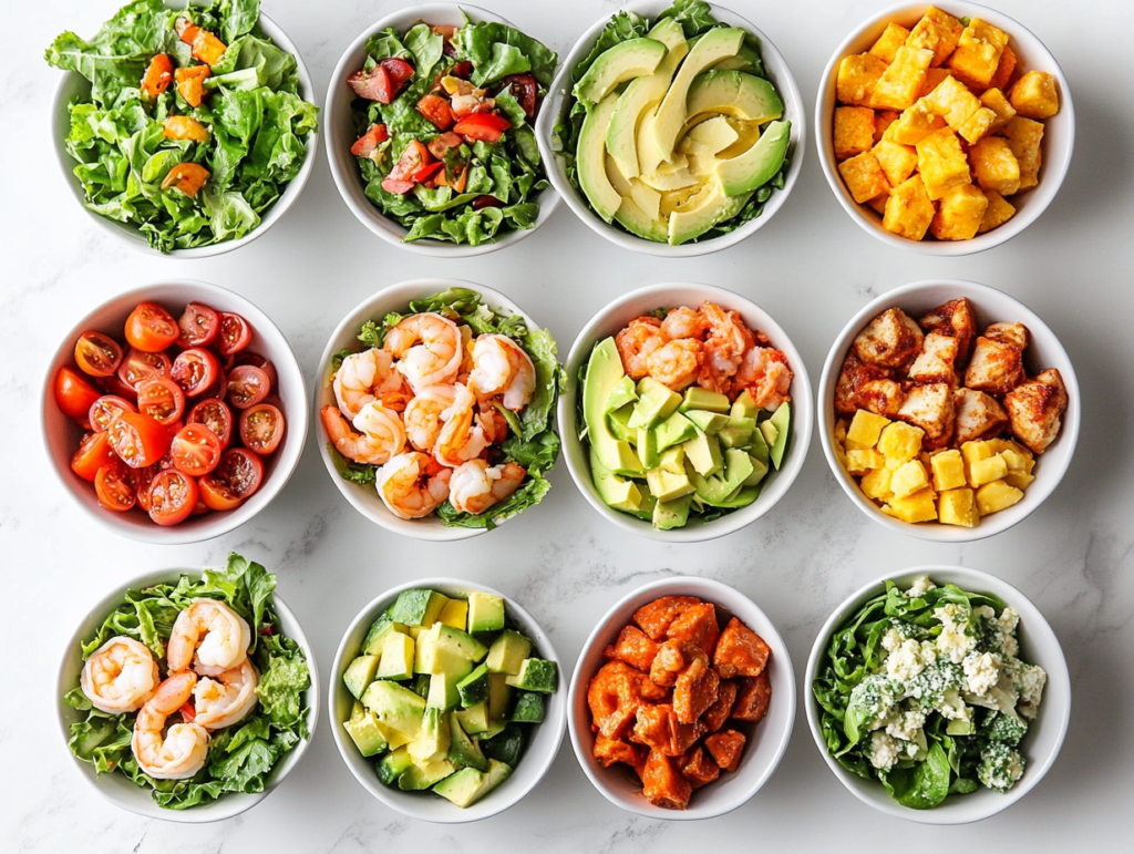 this image shows vibrant assortment of keto salad ideas displayed in bowls and plates, featuring fresh ingredients like avocado, chicken, broccoli, tuna, and cucumber, perfect for summer meals.