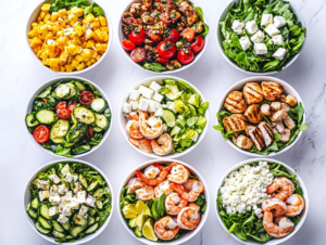 This image shows a collection of 15 low-carb salads served in white bowls placed on a sleek white marble counter. Salads include options like Chopped Salad with Basil and Mozzarella, Broccoli Salad with Bacon, Cucumber Tomato and Feta Salad, Chopped Power Salad with Chicken, and Shrimp Cobb Salad with Dijon Dressing, all beautifully arranged to complement hearty meals.