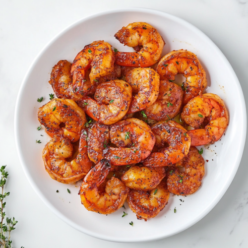 This image shows a vibrant plate of 15-minute Cajun shrimp served on a white plate, featuring perfectly cooked shrimp coated in a flavorful Cajun spice mix, with rice or pasta as a serving suggestion.