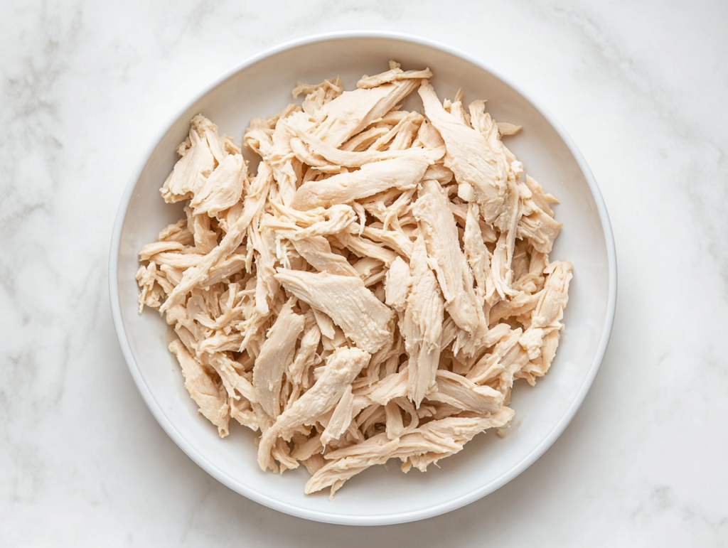 This image shows a top-down view of shredded 2 Ingredient Vegan Chicken presented on a white round plate, ready to enjoy or use in various dishes.