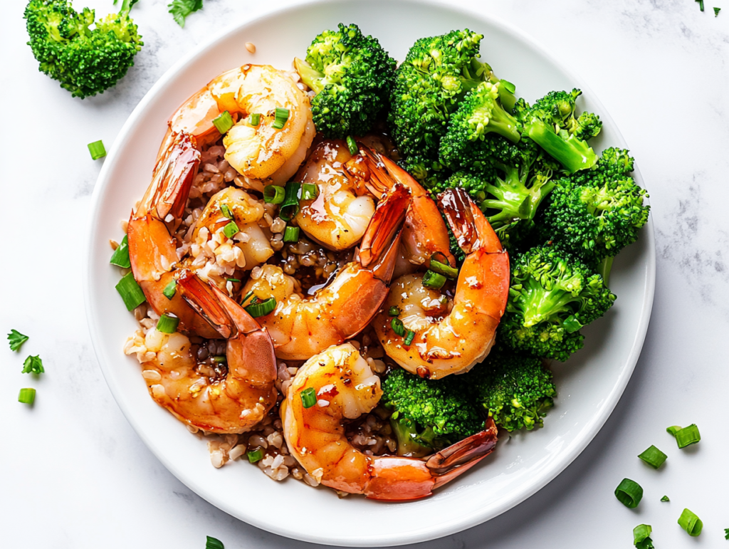 This image shows honey garlic shrimp arranged vibrantly on a white round plate, with fresh broccoli on the side for added flavor and crunch, creating a colorful and delicious presentation.