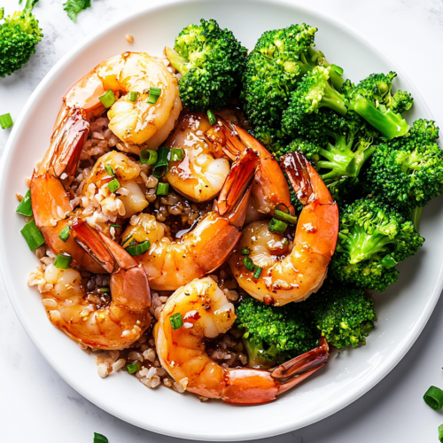 This image shows honey garlic shrimp arranged vibrantly on a white round plate, with fresh broccoli on the side for added flavor and crunch, creating a colorful and delicious presentation.