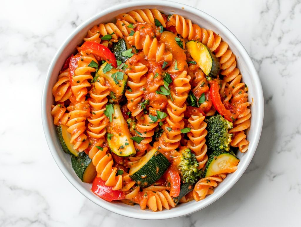 this image shows A delicious plate of 20-minute pasta with vegetables, featuring a rich red creamy sauce and vibrant broccoli florets, yellow and red bell peppers, and round-shaped zucchini pieces, making for a colorful and flavorful meal.