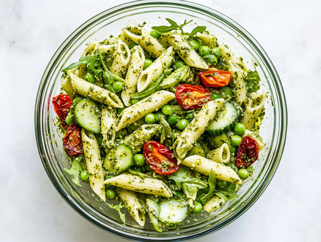 this image shows A vibrant glass bowl of 6-ingredient vegan pesto pasta salad, featuring penne pasta, bright green peas, sundried tomatoes, fresh arugula, and cucumber, tossed in a creamy pesto dressing, ready to be served chilled.