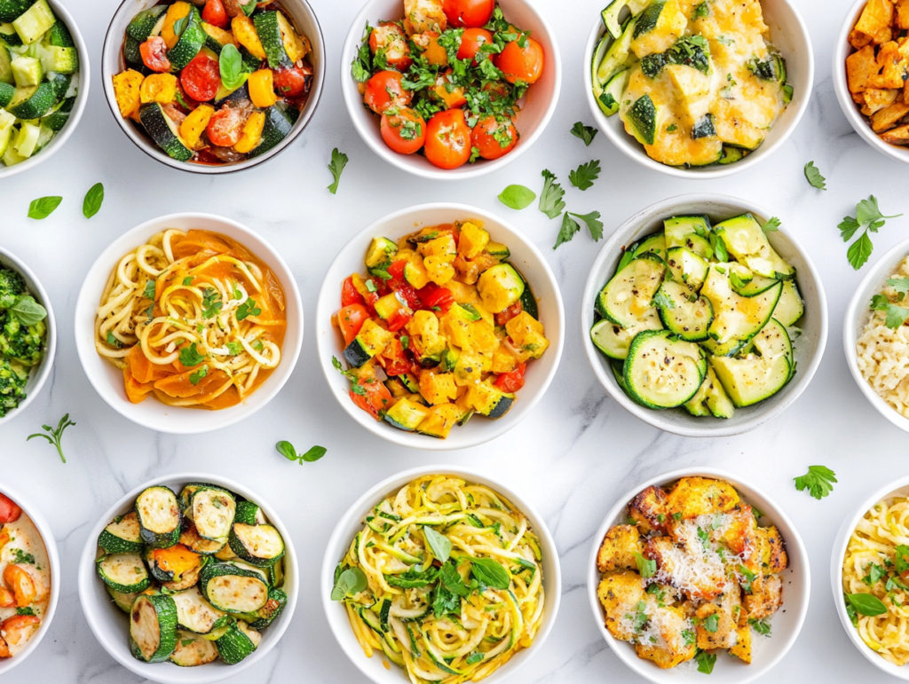 this image shows A visually appealing assortment of 15 zucchini-based dishes artfully arranged on a white marble slab. Featured recipes include Easy Cheesy Zucchini Bake with zucchini and yellow squash topped with Parmesan, Buffalo Chicken Zucchini Boats filled with a flavorful chicken mixture, Crispy Zucchini Fries coated in breadcrumbs and Parmesan, Spiralized Zucchini Noodle Salad with cherry tomatoes, and Grilled Zucchini Greek Salad with grilled zucchini, onions, and kalamata olives. A delightful and colorful presentation celebrating the versatility of zucchini dishes.