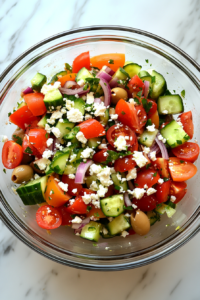 This image shows Kalamata olives and crumbled feta cheese being added to the fresh vegetables, completing the savory components of the Keto Greek Cucumber Salad.