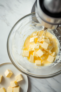 This image shows softened butter cubes being added one at a time to the egg yolk mixture, creating the rich and creamy French Buttercream.