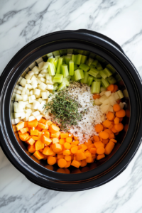 This image shows chopped carrots, celery, and a mix of seasonings being added to the slow cooker, surrounding the raw chicken to create a flavorful base.