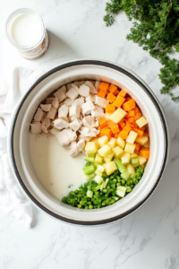 This image shows raw chicken, chopped vegetables, and seasonings being added to a crockpot, forming the base of the chicken pot pie filling.