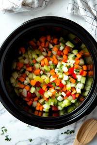 This image shows chopped fresh vegetables, including onions and bell peppers, being added to a slow cooker as the flavorful base for the crockpot chili.