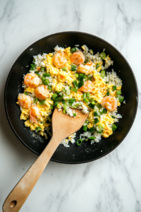 This image shows cooked shrimp, fluffy rice, and sliced green onions being added to the skillet, bringing together the key ingredients for shrimp fried rice.