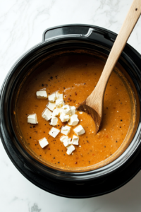 This image shows chunks of cream cheese being added to the crockpot, melting into the soup for a rich and smooth texture.