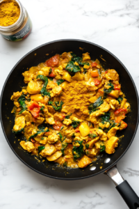 This image shows curry powder being sprinkled over sautéed vegetables in a skillet, enhancing the aroma and depth of the Jamaican creamy curry.