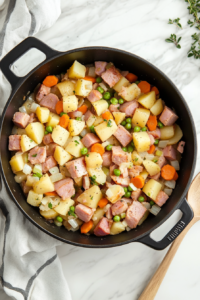 this image shows Cubed potatoes being added to the pot, ready to absorb the rich flavors of the ham and vegetables.