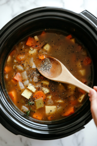 This image shows a hand sprinkling salt and pepper into the Crockpot Vegetable Soup as the finishing touch before serving.