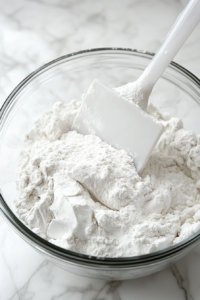 This image shows flour being added to the yeast mixture in a bowl, with a spoon stirring the ingredients into a sticky, cohesive dough for the bread.