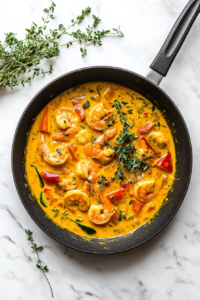 This image shows sprigs of fresh thyme being added to the creamy curry, infusing it with a subtle herbal aroma.