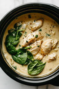 Freshly chopped spinach being sprinkled into the crockpot, adding a vibrant green color and a healthy twist to the creamy Tuscan chicken recipe.