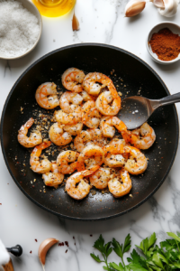 This image illustrates minced garlic and Italian seasoning being added to the pan with shrimp for enhanced flavor.