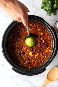 This image shows freshly squeezed lime juice and a splash of hot sauce being added to the chili to brighten and spice up the dish.