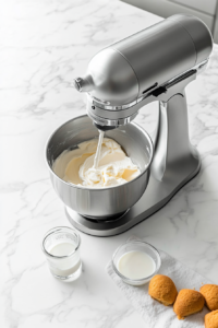 This image shows milk being added to the buttercream mixture, while a mixer beats it to achieve a creamy and smooth consistency.