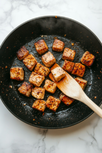 image shows minced garlic and freshly ground black pepper being added to sizzling steak cubes in a skillet, creating a savory aroma for the garlic butter sauce.