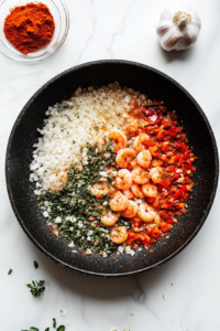 This image shows minced garlic and aromatic seasonings being added to the skillet with shrimp, infusing the dish with rich and savory flavors.