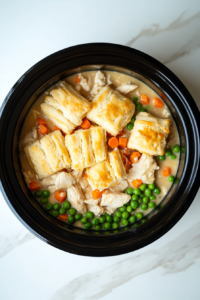 This image shows mixed vegetables and prepared biscuit strips being added on top of the simmering chicken and broth in the crockpot, bringing vibrant colors and textures to the dish.