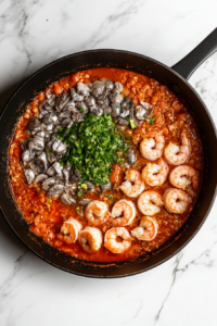 This image shows raw shrimp being added to the skillet, ready to be coated in the sizzling Cajun spice mixture for a bold and flavorful dish.