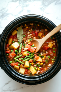 This image shows chunks of potatoes, beans, and vegetable broth being added to the slow cooker, creating the main ingredients for Crockpot Vegetable Soup.