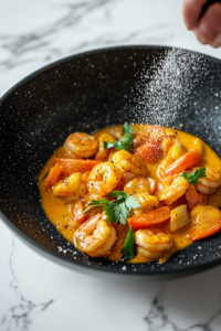 This image shows salt and pepper being added to the creamy curry sauce, adjusting the seasoning for a perfectly balanced flavor.