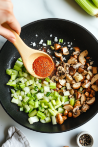 This image shows seasonings being added to the sautéed vegetables and garlic, enhancing the flavor profile of the Keto Turkey Casserole.