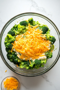 This image shows shredded cheese being sprinkled over the broccoli florets in a large bowl, adding richness to the salad.