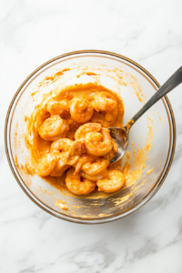 Fresh tiger prawns being placed into a bowl of tandoor marinade, ready to soak up the flavorful mixture.