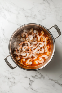 this image shows Raw shrimp being added to the pot filled with a flavorful Old Bay mixture.