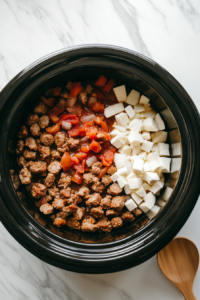 This image shows ingredients like carrots, broth, and seasonings being added to the crockpot, laying the foundation for the French Tortellini Soup.