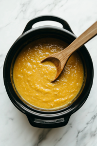 This image shows the blended soup being poured back into the pot, with additional vegetable broth added to achieve the desired consistency.