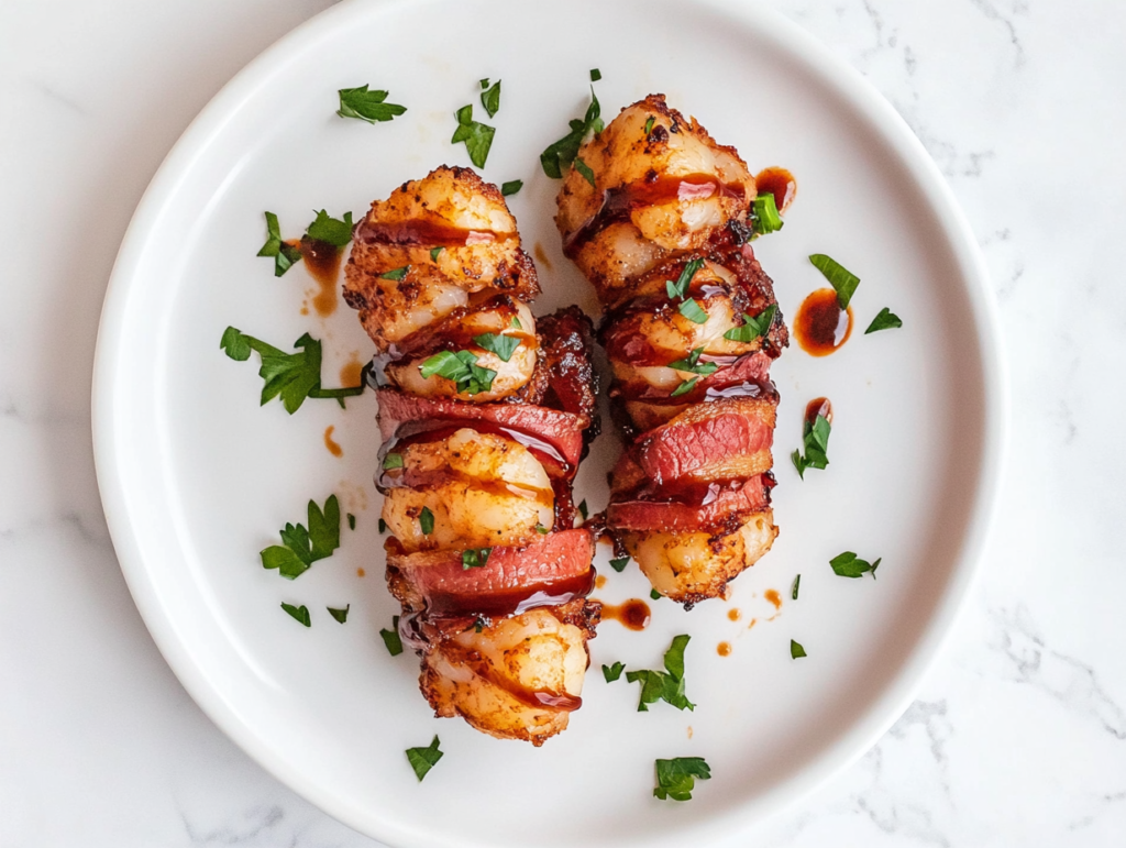 This image shows a plate of flavorful air-fried shrimp wrapped in crispy bacon, garnished with freshly chopped cilantro, and drizzled with barbecue sauce, served on a white plate for a delicious and visually appealing presentation.