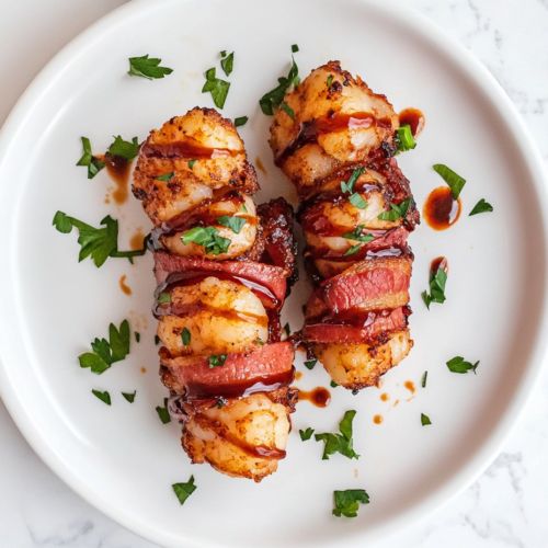 This image shows a plate of flavorful air-fried shrimp wrapped in crispy bacon, garnished with freshly chopped cilantro, and drizzled with barbecue sauce, served on a white plate for a delicious and visually appealing presentation.