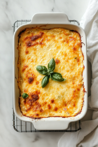 this image shows This image shows the lasagna resting on the counter after baking, allowing the flavors to set before slicing.