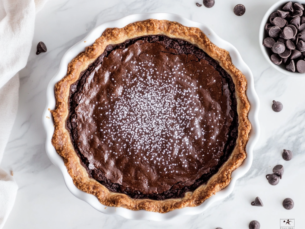 This image shows a delicious vegan brownie pie in a white serving dish, featuring a perfectly crispy golden brown gluten-free crust and a rich, fudgy chocolate filling, making it an irresistible dessert.