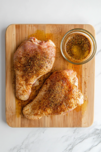 This image shows seasoned chicken breasts being rubbed with a flavorful spice mix, enhancing their taste before cooking.